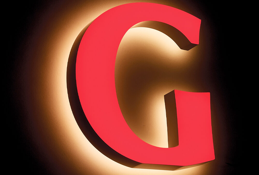 Backlit letter G sign as an example of ecological branding
